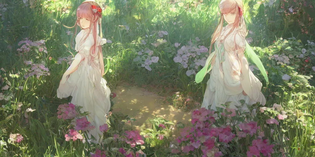 Image similar to a digital art of a loli with long hair in a dress in the privet garden at after noon, green and warm theme, by krenz cushart and mucha and akihito yoshida and greg rutkowski and makoto shinkai, long shot, back lighting, detailed eyes, 4 k resolution, trending on art station