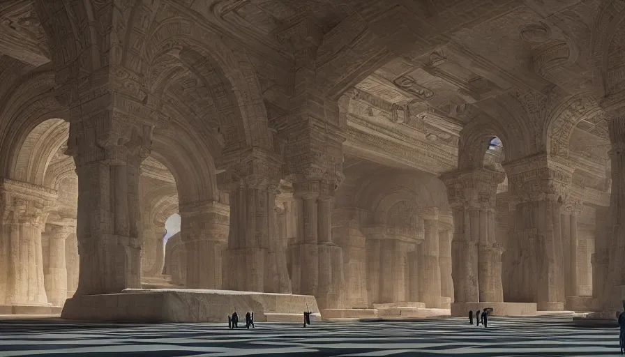 Image similar to the inside of a monument with greek motifs, by tim blandin and arthur haas and bruce pennington and john schoenherr, big windows architecture by zaha hadid, octane render, cinematic, scenery, cgsociety, modernism, futuristic, trending on artstation, sci - fi, high detail, high quality, close up angle, people walking