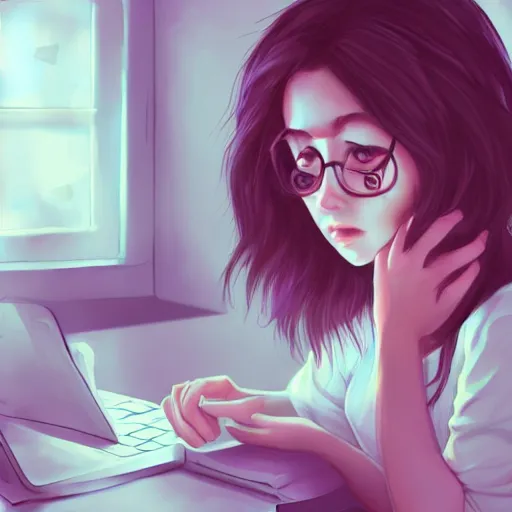 Image similar to tired girl in pyjamas working on computer, tired, rings around eyes, digital art, drawing, artstation