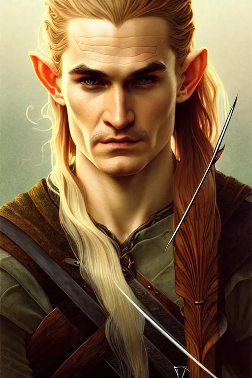 Prompt: a portrait of legolas, fantasy, sharp focus, intricate, elegant, digital painting, artstation, matte, highly detailed, concept art, illustration, ambient lighting, art by ilya kuvshinov, artgerm, alphonse mucha, and greg rutkowski