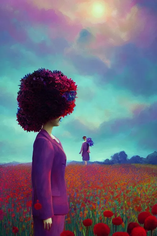 Image similar to closeup, giant flower head, girl in suit standing in a field of flowers, surreal photography, sunrise, blue sky, dramatic light, impressionist painting, digital painting, artstation, simon stalenhag