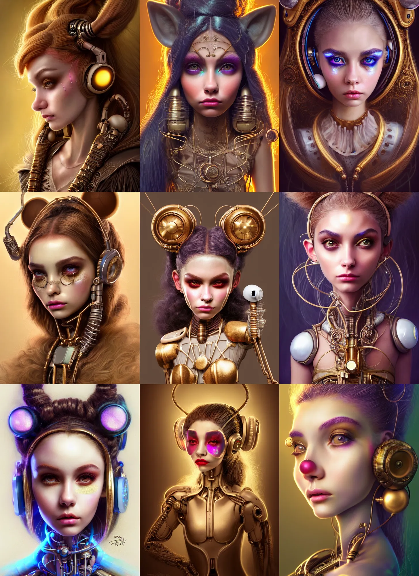 Prompt: disney weta portrait, soft lustrous ivory biotech raver clowncore madison beer venetian cyborg, earbuds, golden ratio, details, sci - fi, fantasy, cyberpunk, intricate, decadent, highly detailed, digital painting, ever after high, octane render, artstation, concept art, smooth, sharp focus, illustration, art by artgerm, loish, wlop