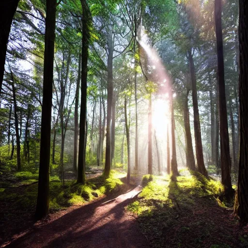 Prompt: An incredibly diverse forest, the light shoots through the trees from the sun, a walking path through the side, in the style of Hayao Miyazaki