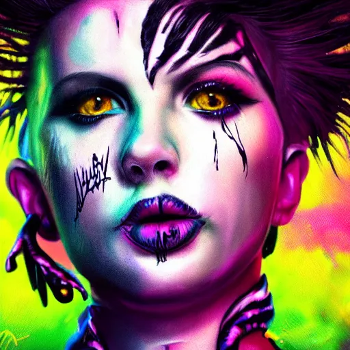 Image similar to splashes of neon clouds, mowhawk, punk women portrait made out of paint, trending on artstation, epic composition, emotional, beautiful, rendered in octane, highly detailed, realistic, tim burton comic book art, sharp focus, unreal engine