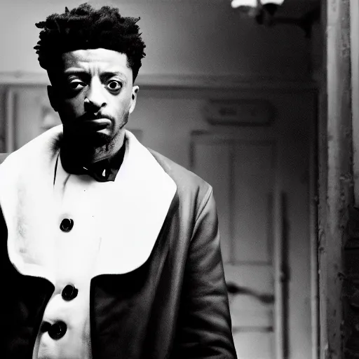 Image similar to vintage noir film still of rapper 21 Savage starring in a Horror film in the style of Wes Craven, shallow depth of field, 1933