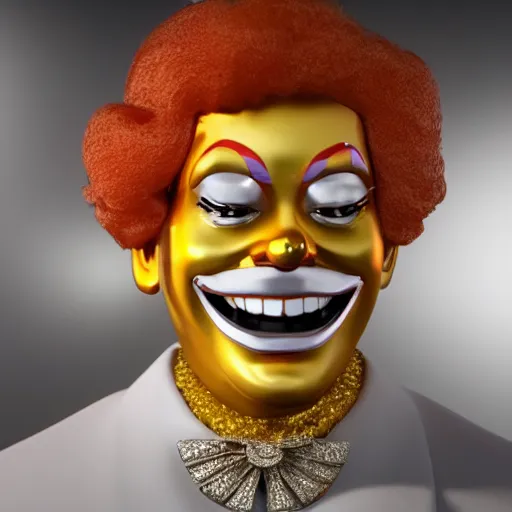 Image similar to A still of Ronald McDonald surrounded by gold and diamonds, Award-winning, photograph, 3d render, unreal engine, 4k detailed