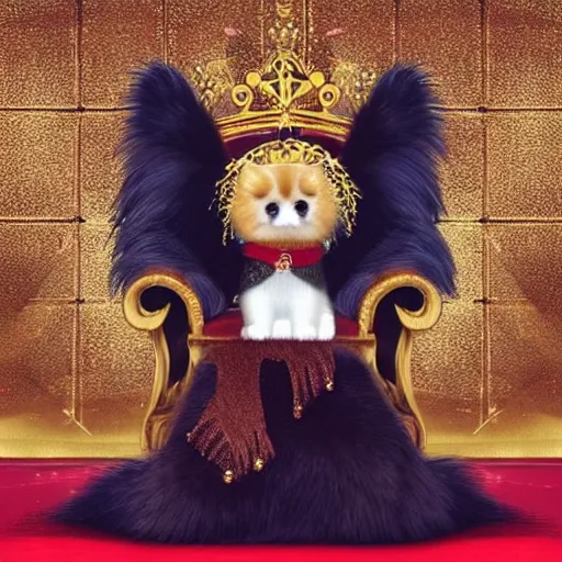 Prompt: a Pomeranian wearing a golden crown is sitting on the King's throne