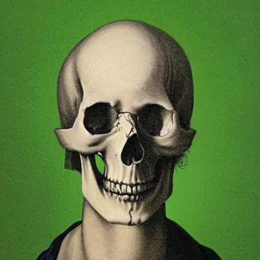 Prompt: a self portrait by an old skull, green background