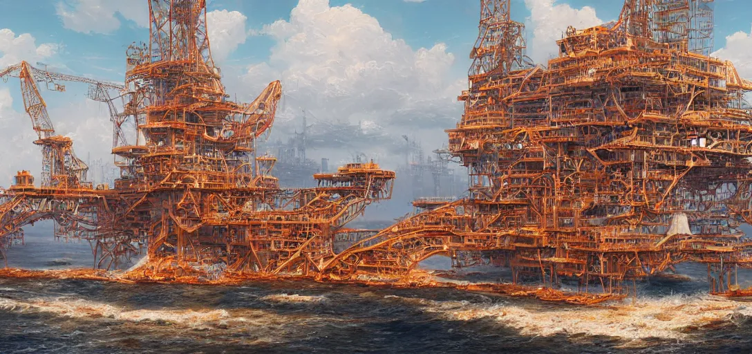 Image similar to an oil rig made of pizza, 80s style, intricate, hyper detailed, 8k, james gurney, greg rutkowski, john howe, artstation