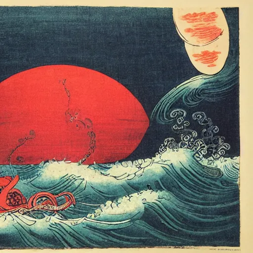 Prompt: the age of discovery, red moon over stormy ocean, a gigantic octopus wrapped around a 1 5 th century sampan boat, dappled silver lighting, atmospheric, highly detailed, by ohara koson, utagawa kuniyoshi, kawanabe kyosai, hasui kawase