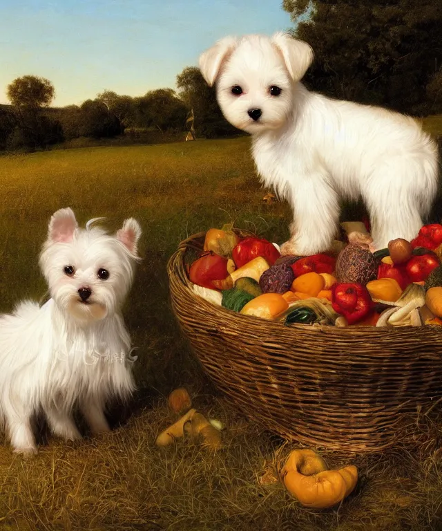 Prompt: masterful oil on canvas painting, eye - a cute white yorkie puppy with a cornucopia full of fruit and vegetables. in the background is idyllic grassy field. by ambrosius benson and gerald brom. golden hour, detailed, depth, volume, chiaroscuro, quiet intensity, vivid color palette.