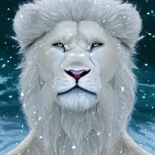 Image similar to aesthetic portrait commission of a albino male furry anthro lion wearing a traditional intricately designed mint colored Kimono, detailed face , hyperdetailed, snowy winter atmosphere. Character design by charlie bowater, ross tran, artgerm, and makoto shinkai, detailed, inked, western comic book art, 2021 award winning painting