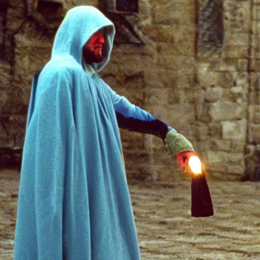 Prompt: medieval man with a light blue hood kicking a flying ( ( witch ) ), 1 9 9 1, movie still