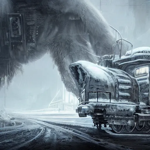 Image similar to an intricate futuristic black steam train and a giant mammoth, post - apocalyptic ice landscape in snowstorm, concept art, artstation, highly detailed, digital art