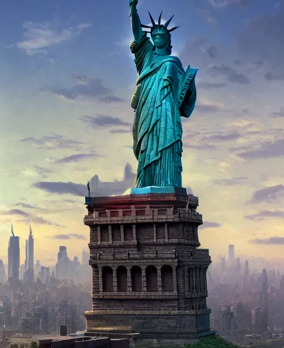 Prompt: highly detailed digital matte painting of a Lady Liberty statue with overgrowth Full shot. By Raphael LaCoste and Ruan Jia and Robert McCall, postcyberpunk, geodesic dome, hyperdetailed, sunrise, wide shot, autochrome, octane render