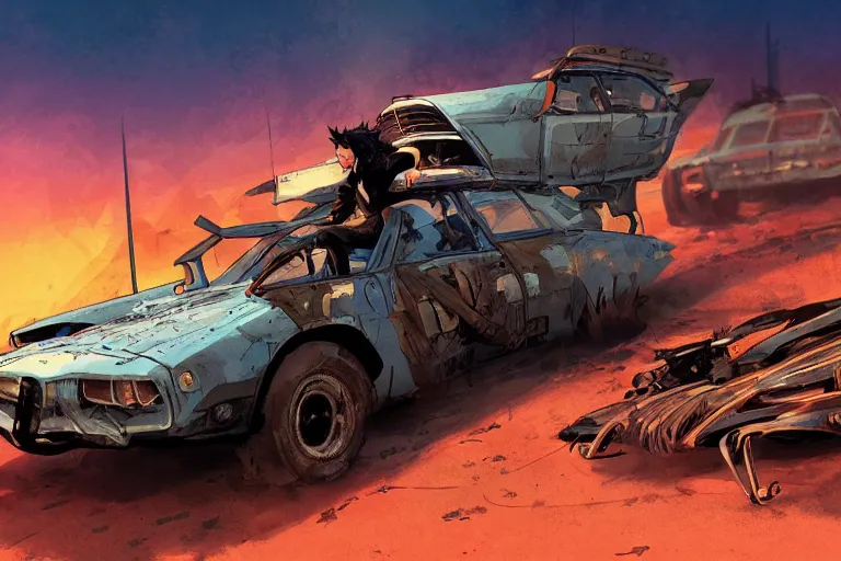 Image similar to digital illustration of mad max's yugo by makoto shinkai, ilya kuvshinov, lois van baarle, rossdraws, basquiat