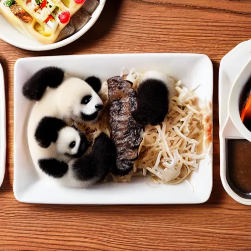 Image similar to a group of diners being served panda in a fancy restaurant, promotional picture, award winning, high quality, high resolution