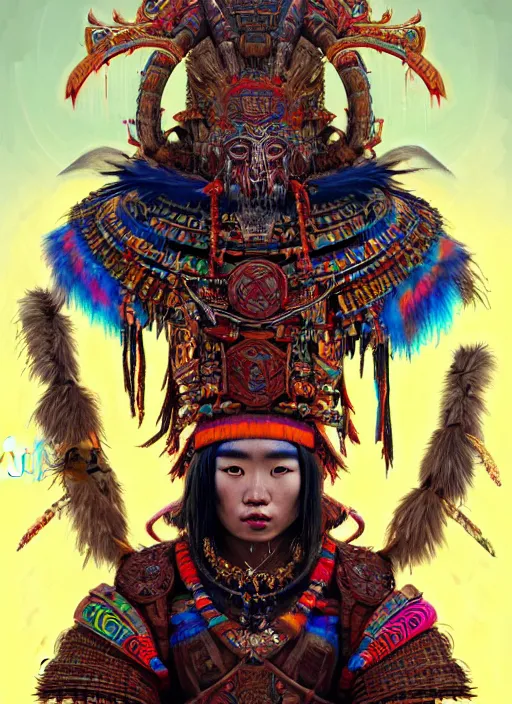 Image similar to portrait of yang yang, hyper detailed ultra sharp aztec shaman warrior. trending on artstation, warpaint aesthetic, bloodwave, colorful, psychedelic, ornate, intricate, digital painting, concept art, smooth, sharp focus, illustration, art by artgerm and greg rutkowski and h. r. giger, 8 k