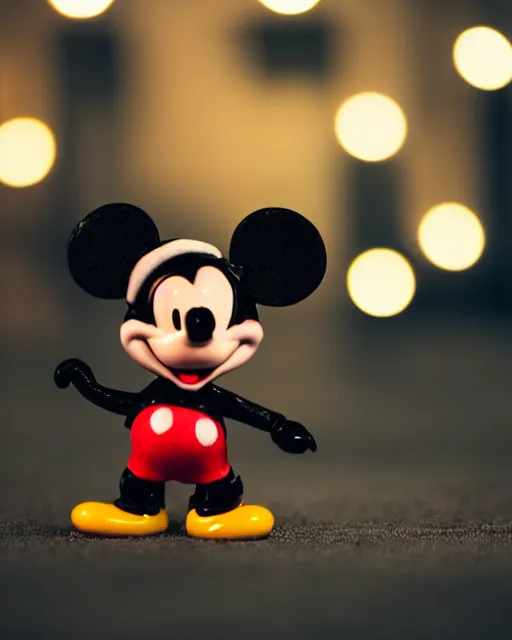 Prompt: A high-quality studio portrait of a grim, threatening-looking Mickey Mouse; bokeh, 90mm, f/1.4