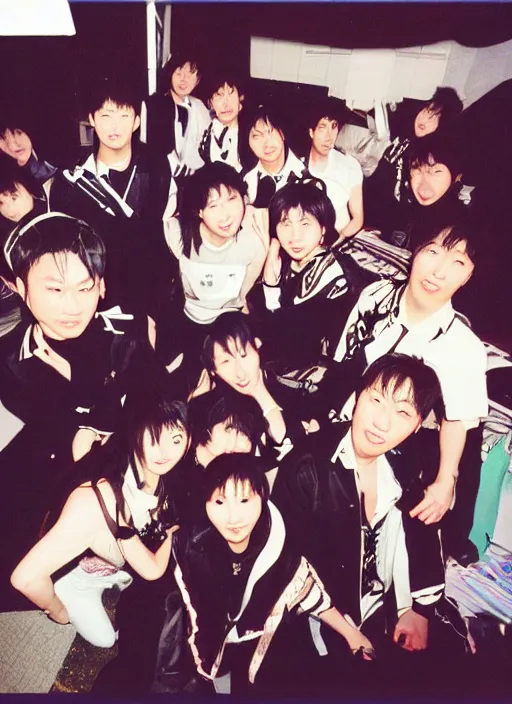 Image similar to photograph of a jpop group, jpop band, real, lower quality, detailed, focal length, disposable camera, 1 9 9 9, nostalgia, japan, tokyo city, evening