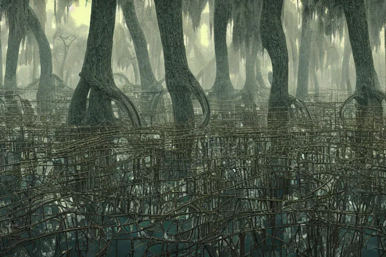 Image similar to Swamp full of trees made out of thousands of wires and pipes with an ancient technomancer temple in the center, close up, ultra realistic reflections, octane render