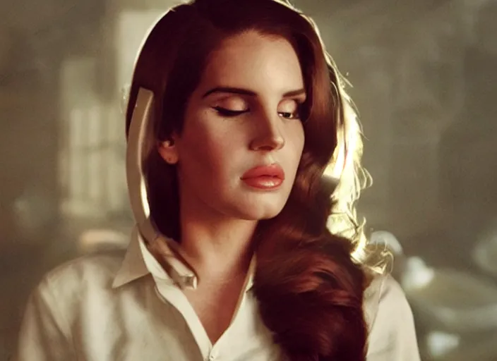 Prompt: still of a lana del rey with an alien facehugger on her face.