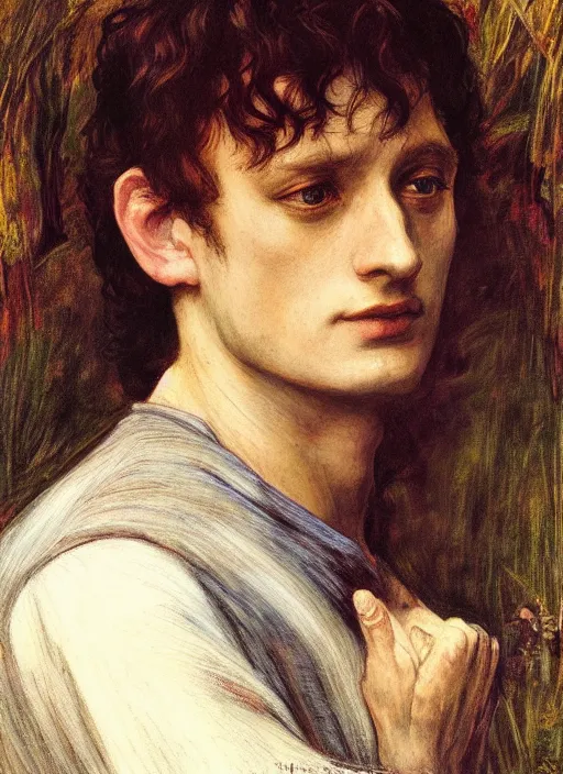 Image similar to a beautiful painting of frodo by John Everett Millais and Dante Gabriel Rossetti and John Collier and john william waterhouse, pre-raphaelite, detailed, trending on artstation, hd, masterpiece