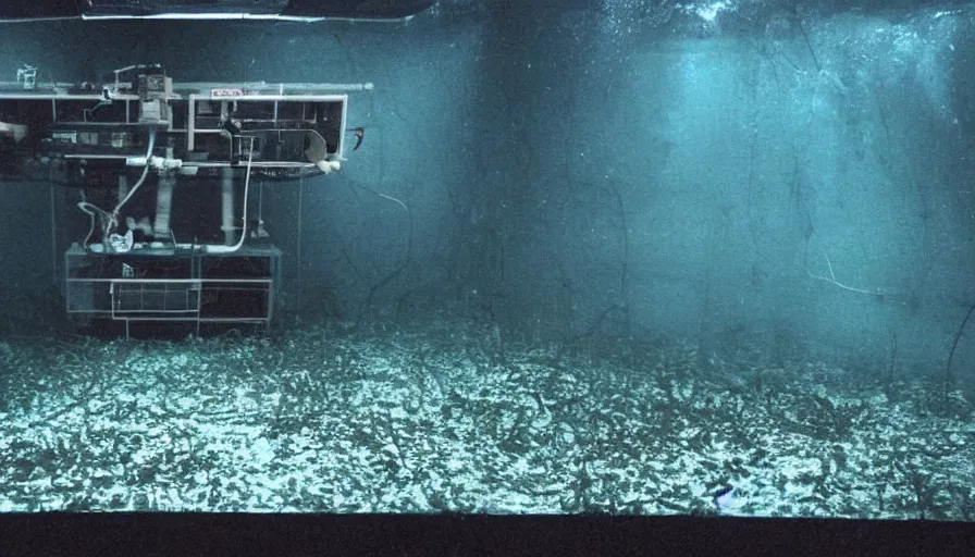 Image similar to Big budget horror movie, exterior view of an underwater biolab, deep in the ocean, dark and gloomy