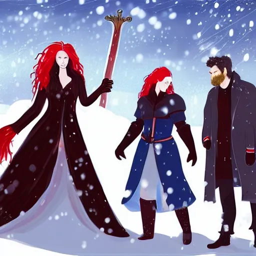 Image similar to A woman and a man are standing in the snow, the woman is leaning against the man, the man has long red hair, the woman has blonde long hair, the man has a red thick sword, the woman has a thin, long sword, a tree almost fully covered in bulky snow, concept art by Fabien Charuau, trending on pixiv, fantasy art, official art, wiccan, concept art, 4k, sharp details