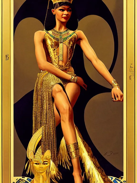Image similar to Zendaya as Bast the Egyptian goddess, a beautiful art nouveau portrait by Gil elvgren, moonlit Nile river environment, centered composition, defined features, golden ratio, intricate gold jewlery
