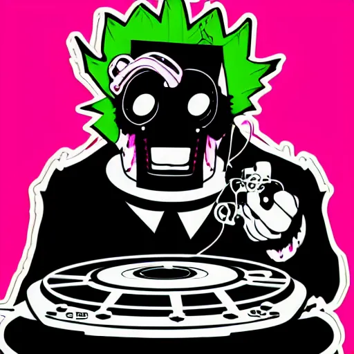 Image similar to svg vector sticker of absolutely insane-mad-scientist-villain, rocking out, wearing headphones, huge speakers, dancing, rave, DJ, spinning records, digital art, amazing composition, rule-of-thirds, award-winning, trending on artstation, featured on deviantart