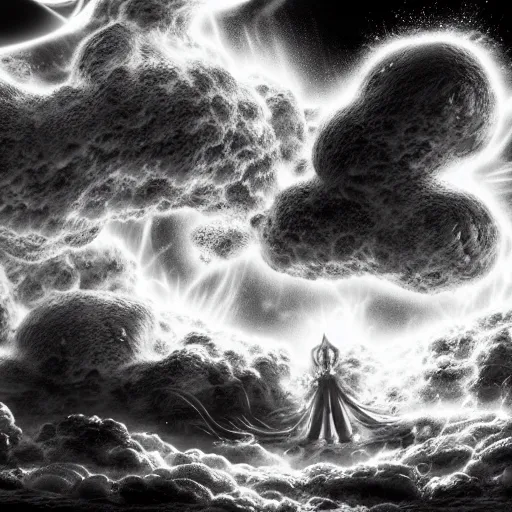 Image similar to astral explosion in the style of kentaro miura, 4 k, 8 k, absolute detailing of even the smallest details and particles, beautiful shadows, beautiful art, black and white drawing, high rendering of the details of the environment, faces and characters