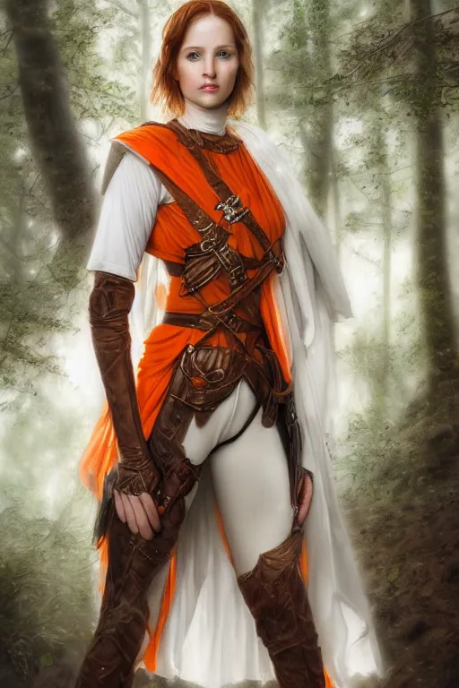 Image similar to full - body portrait of a ranger in a forest, female, white and orange breastplate, magical, high fantasy, d & d, by john collier, face details, extremely detailed, digital illustration