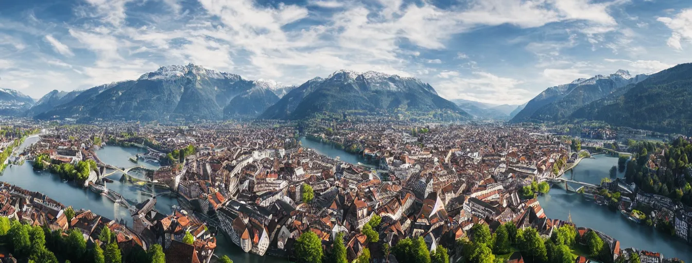 Prompt: Photo of Zurich, looking down the river at the lake and the alps, Hardturm, Grossmünster, wide angle, volumetric light, hyperdetailed, mountain water, artstation, cgsociety, 8k