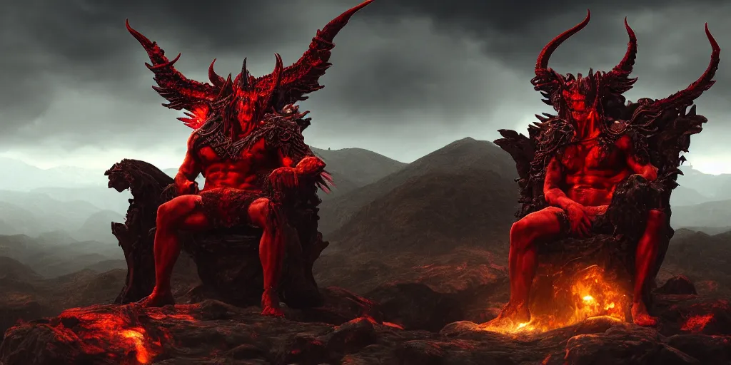 Image similar to 8k realistic image of The Devil Astaroth sitting on his throne with a gloomy mountaineous landscape