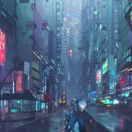 Prompt: mechanical android in overcrowded urban dystopia bustling city raining makoto shinkai