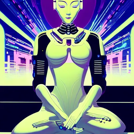 Image similar to a portrait of a beautiful cybernetic woman meditating in lotus pose, cyberpunk concept art by josan gonzales and jean claude meziere and syd mead