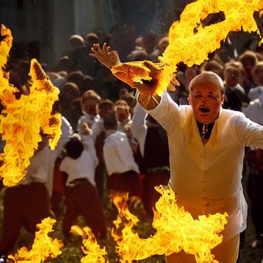 Prompt: a high detail photograph, a priest throwing hens in flames to the crowd during an easter mass, award winning photograph