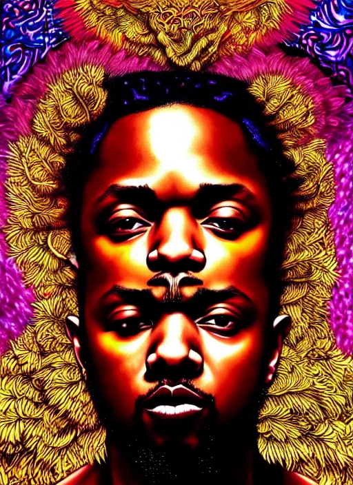 Prompt: : kendrick Lamar fantasy, fantasy magic,  , intricate, sharp focus, illustration, highly detailed, digital painting, concept art, jahbu art and Paul lewin and kehinde wiley, masterpiece
