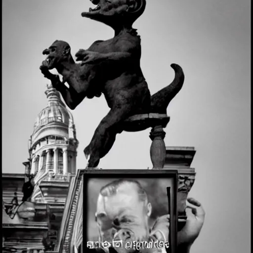 Image similar to frank sinatra riding a gargoyle