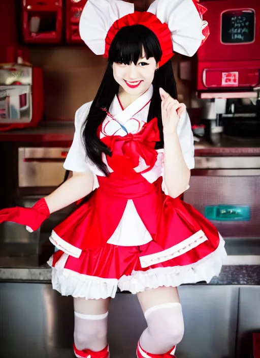 Image similar to a japanese idol dressed in red maid costume in a maid cafe, cute pose, 8 k, photography,