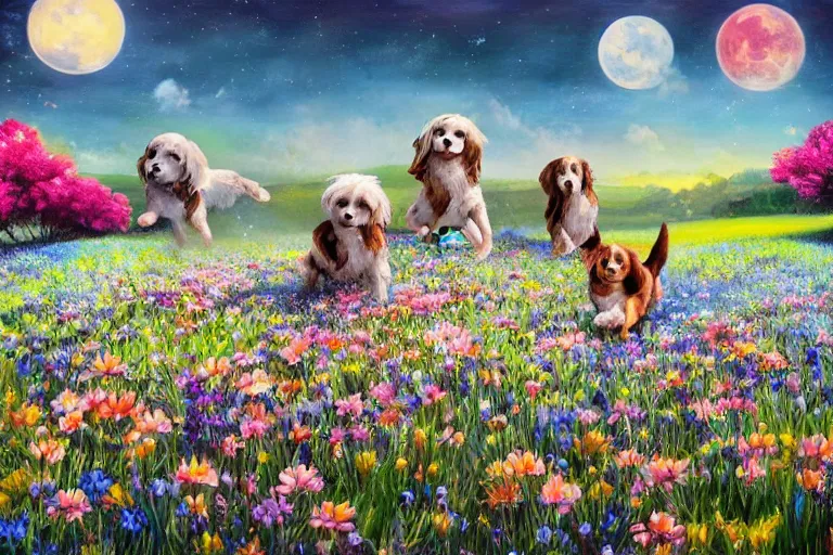 Image similar to beautiful painting ( ( robot dogs ) ) playing in a stunning field of flowers, blue sky, huge multiple moons by phil foglio and vincent dutrait, trending on artstation, hdr