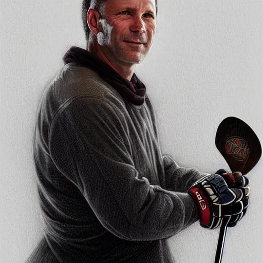 Image similar to beautiful portrait of hockey coach Clint Malarchuk, fantasy, intricate, elegant, highly detailed, digital painting, artstation, concept art, smooth, sharp focus, luxury fashion illustration, art by artgerm and greg rutkowski and alphonse mucha, brightly lit cinematic soft lighting, photorealistic