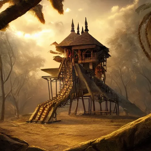 Prompt: Egyptian treehouse, fine art, digital painting, cinematic lighting, hyperdetailed, photorealistic, 8k, high resolution, vibrant colors, insanely detailed and intricate, award winning, featured in artstation, octane render