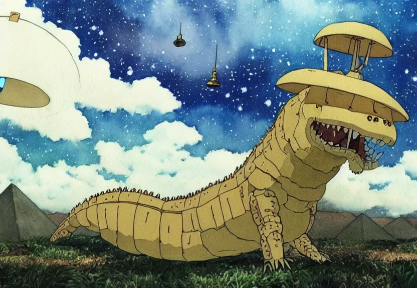 Image similar to a hyperrealist watercolor concept art from a studio ghibli film showing a giant beige mechanized crocodile from howl's moving castle ( 2 0 0 4 ). a pyramid is under construction in the background, in the rainforest on a misty and starry night. a ufo is in the sky. by studio ghibli