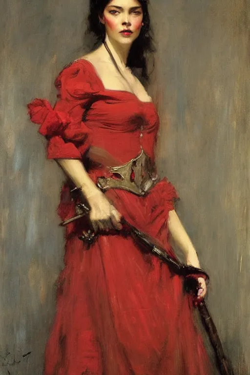 Image similar to Solomon Joseph Solomon and Richard Schmid and Jeremy Lipking victorian genre painting full length portrait painting of a young beautiful woman traditional german french Gene Tierney barmaid in fantasy costume, red background