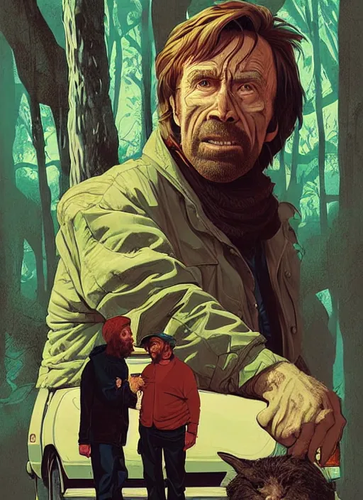 Image similar to poster artwork by Michael Whelan and Tomer Hanuka, Karol Bak of Chuck Norris as the local homeless man in the small town who has a spiritual connection to the world and is the protector of the woods, from scene from Twin Peaks, clean