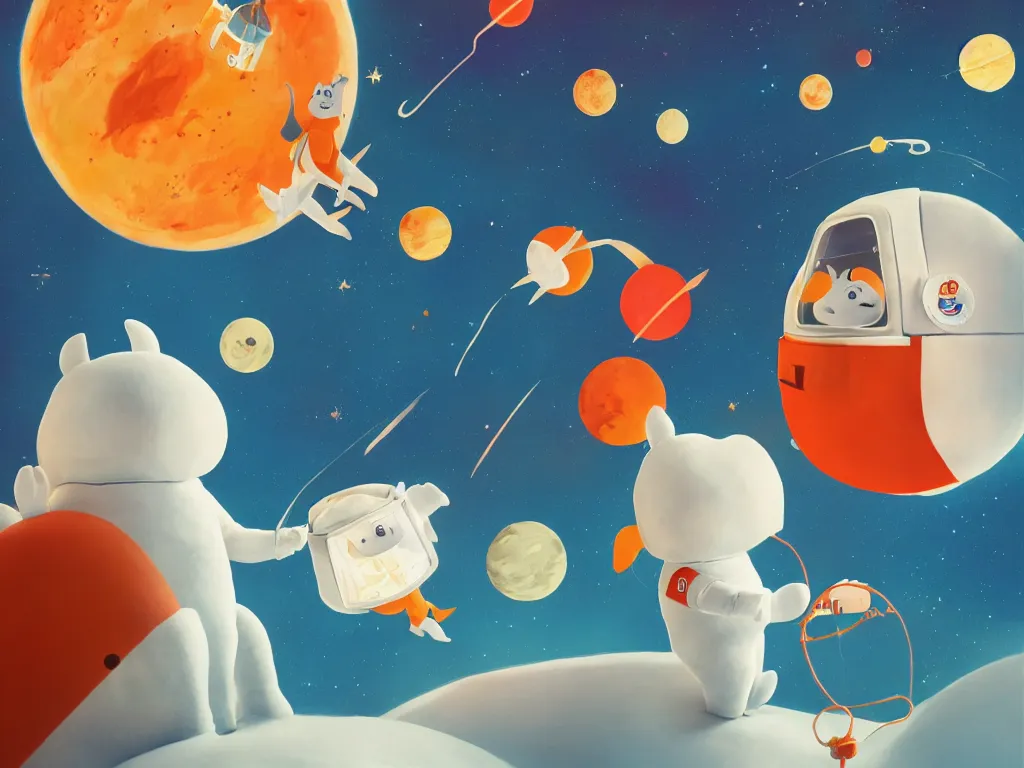 Image similar to moomins in a space suit, looking cute, photoreastic illustration, warm colors, fluffy, cozy, hyperrealistic, low light, volumetric light, smooth, trending on artstation