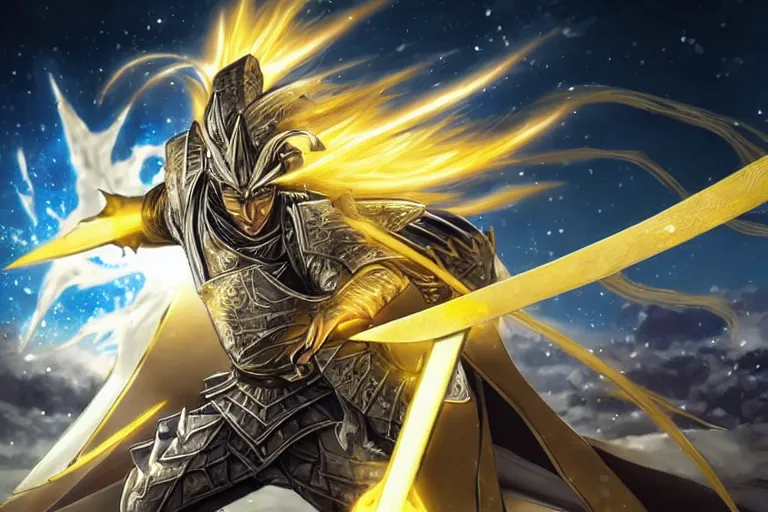 Image similar to an ultra detailed portrait of saladin as a shonen anime protagonist charging into battle wearing bright gold armor and huge flaming longsword blessed by god, epic anime fantasy, 8 k, volumetric lighting, smooth, highly detailed, digital illustration, art by kentaro miura and akira toriyama and artgerm