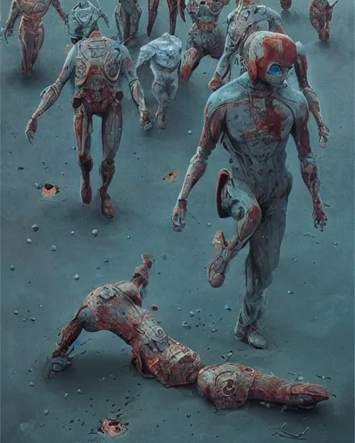 Image similar to dead superheroes on the ground, retrofuturism sci - fi old movie, highly detailed, photorealistic, 8 k, by beksinski and stalenhag